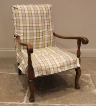 A beech framed open armchair, late 19th/early 20th century, the rectangular upholstered back
