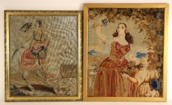 A wool work embroidery of large proportions, 19th century, depicting a lady on horseback holding a
