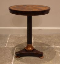 A mid to late 19th century rosewood and specimen inlaid pedestal table, the circular top inlaid with