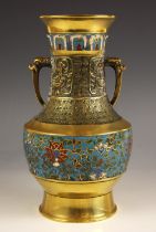 A Chinese polished bronze Archaic style cloisonne vase, 19th century, the baluster shaped vase