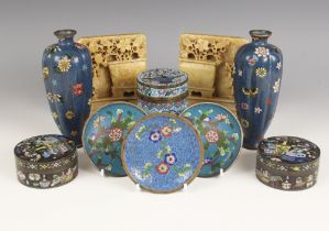 A selection of Chinese cloisonné, comprising; a pair of cylindrical lobed vases, 19th century, 15.