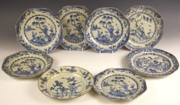 Eight assorted Chinese blue and white plates, Qianlong (1736-1795), comprising; a set of six