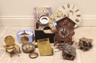 A collection of clock parts and spares, to include; a fusee clock movement indistinctly stamped '