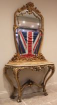 A French Louis XVI style rococo marble topped console table and mirror, 19th century, the giltwood