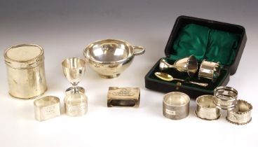 A selection of silver items, including a George V cased silver christening set, Deakin and