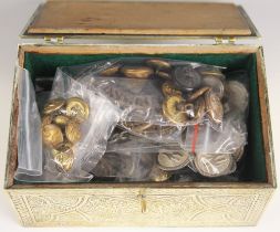 A Middle Eastern brass casket, early 20th century, the hinged cover decorated with roundels