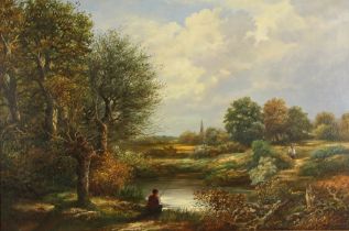 George Walmersley (British, 20th century), A fisherman seated on a riverbank, Oil on canvas,
