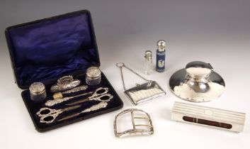 A selection of silver items, including an Edwardian cased silver mounted manicure set, Levi &