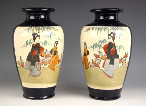 A pair of Japanese porcelain Satsuma vases, Meiji Period (1868-1912), each high shouldered