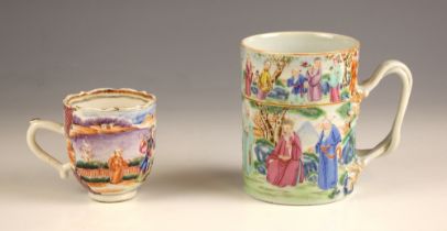 A Chinese Canton mug, 19th century, decorated in famille rose palettes depicting a continuous frieze