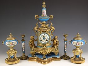 A French Louis XVI style ormolu and Sevres type bleu celeste porcelain inset mantel clock garniture,