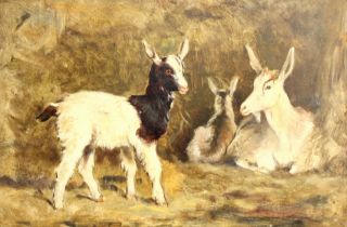 Circle of Thomas Sidney Cooper RA (British, 1803-1902), A nanny goat and two kids, Oil on board,