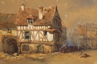 George James Knox (British, 1810-1897), A medieval town scene with soldiers beside a half-timbered