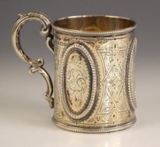 A Victorian silver christening mug, Martin, Hall & Co., Sheffield 1870, the cast acanthus capped