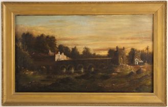Indian school (late 19th/early 20th century), River scene with gated bridge to a temple, Oil on