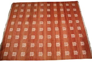 An Oka Kilim, the terracotta ground punctuated with ivory scroll and arrow motifs, 100% cotton,