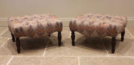 A pair of 19th century style footstools, late 20th century, upholstered in Liberty Ianthe Tana