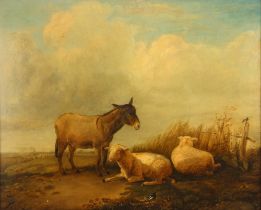 Circle of Thomas Sidney Cooper RA (British, 1803-1902), A donkey with two sheep by a broken