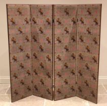 A four panel room screen, 20th century, the tapestry panels depicting heraldic lions, thistles and