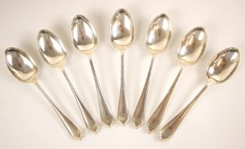 A set of six silver George V Pembury pattern dessert spoons, Ollivant and Botsford, Sheffield