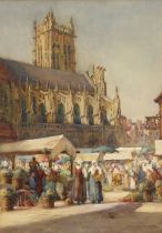 May Louise Greville Cooksey (British, 1878-1943), A market scene with cathedral beyond,