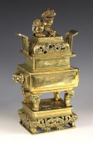 A large Chinese polished bronze bronze censer, cover and stand, 19th/20th century, the rectangular
