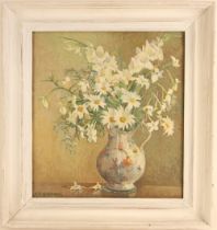 British school (20th century), Still life with gladioli and daisies in a porcelain jug, Oil on