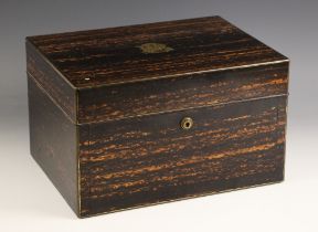 A coromandel work/vanity box, mid 19th century, the hinged monogrammed cover opening to revolving