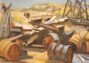 Circle of David Bomberg (British, 1890-1957), Rusting oil barrels and girders on a beach, Oil on