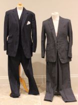 A gentleman's navy pin stripe three piece suit, silk lined, with a pair of Albert Thurston red