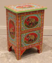 A hand painted chest of two drawers, in vibrant red, green and blue colourways, each panel painted