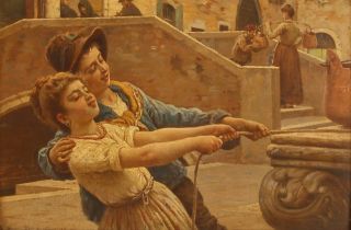 After Antonio Paoletti (Italian, 1834-1912), 'Tirando La Corda', Oil on board, Inscribed with