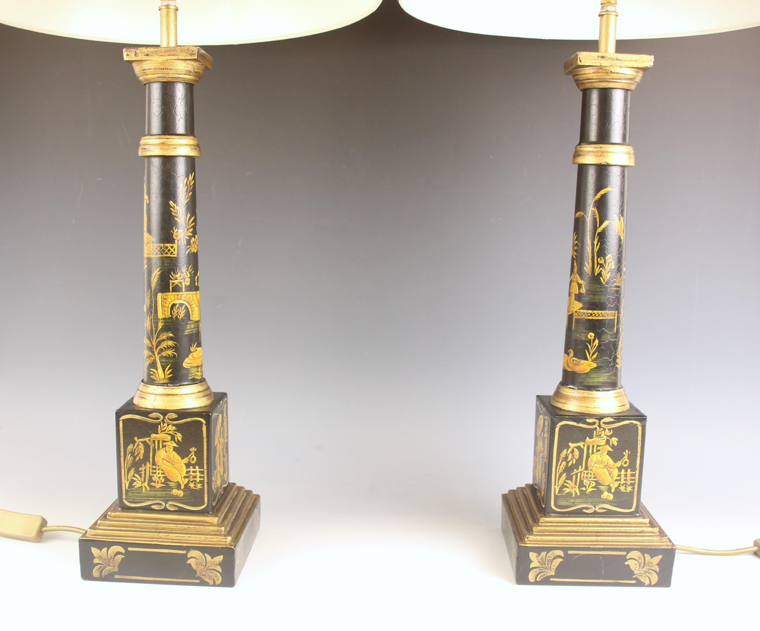 A pair of Japanned lacquered wooden table lamps, 20th century, each modelled as a tapering doric - Image 3 of 3