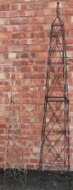 Two wirework garden obelisks, each of typical pyramidal form, with wrythen open work finials,