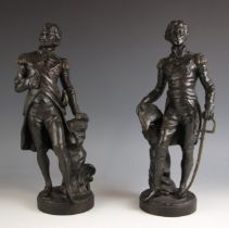 After Sylvain Kinsburger (French, 1855-1935), two black painted and bronze patinated spelter