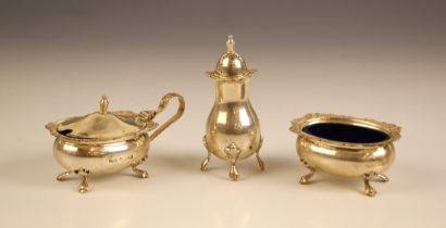 A silver three-piece condiment set, WI Broadway and Co,