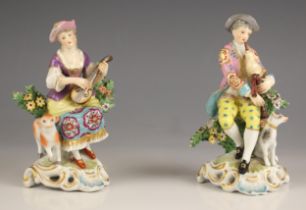 A porcelain figure, 19th century, possibly Derby, modelled as a gentleman playing the bag pipes, sat