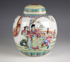 A Chinese porcelain famille rose ginger jar and cover, 20th century, the globular jar externally