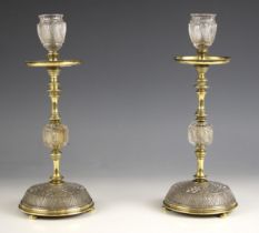 A pair of F & C Osler cut glass and gilt brass candlesticks, 20th century, each with diamond cut