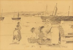 Manner of George Chinnery (British, 1774-1852), Cockle pickers on a beach, Pencil on paper,