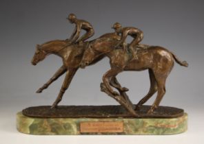 Jean Walwyn (American, b.1925) a bronze sculpture of a steeple chase, modelled as two horses and