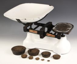 A set of counter-top scales by W & T Avery Ltd of Birmingham, 20th century, with enamel dish, and