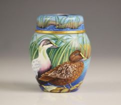 A Moorcroft limited edition enamel jar and cover, in the 'Eider Duck' pattern, numbered 35/75,