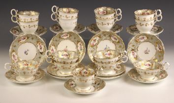 An English porcelain part tea service, 19th century, decorated in the manner of Rockingham,