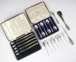 A selection of silver and silver plated flatware, including a cased set of commemorative Edward VIII