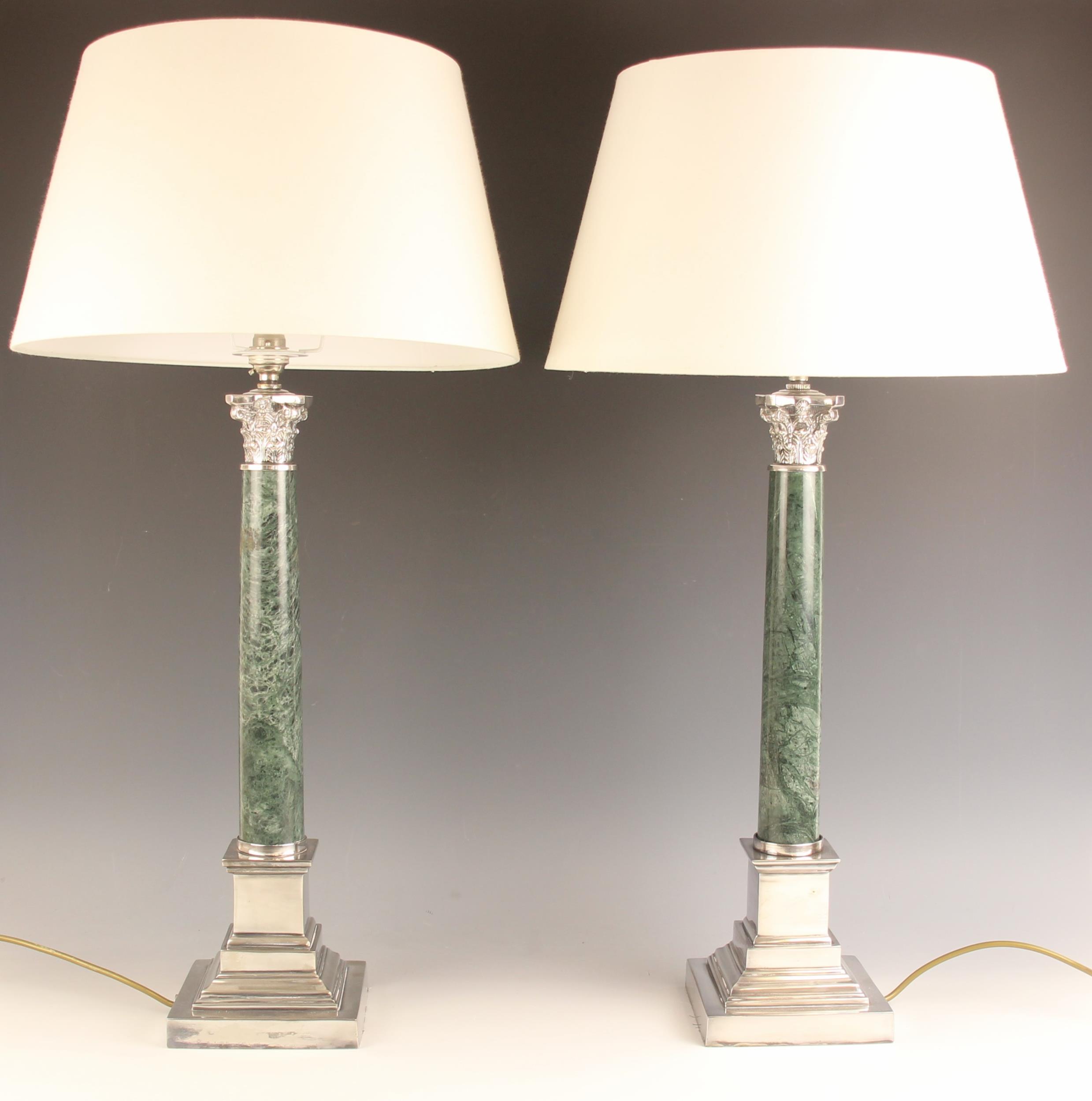 A pair of silver plate mounted green marble table lamps, 20th century, the tapering marble column - Image 2 of 3