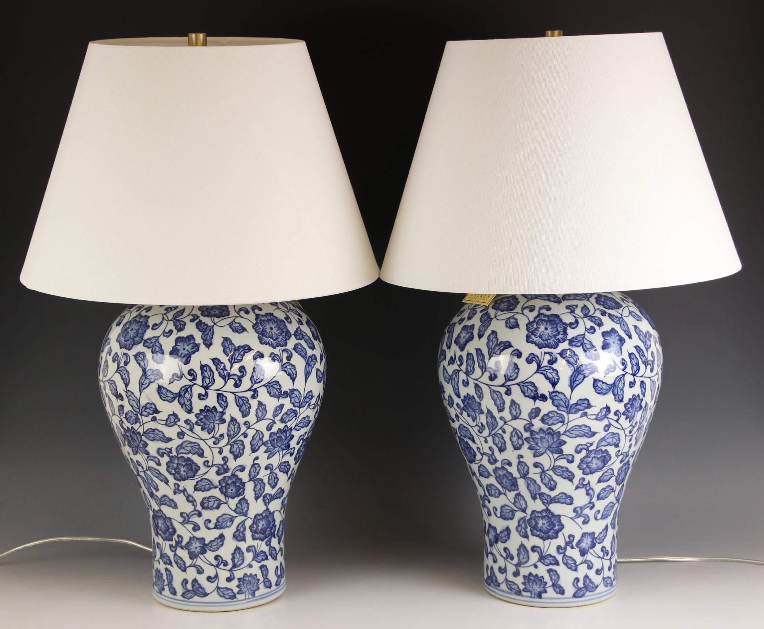 A pair of Ralph Lauren Chinese influence blue and white vase table lamps, of baluster form with