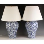 A pair of Ralph Lauren Chinese influence blue and white vase table lamps, of baluster form with