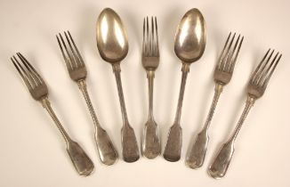 A set of five Victorian silver fiddle and thread pattern table forks, Josiah Williams & Co,