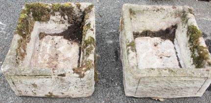 Two reconstituted stone rectangular trough planters, 22cm H x 55cm W x 44cm D (2)